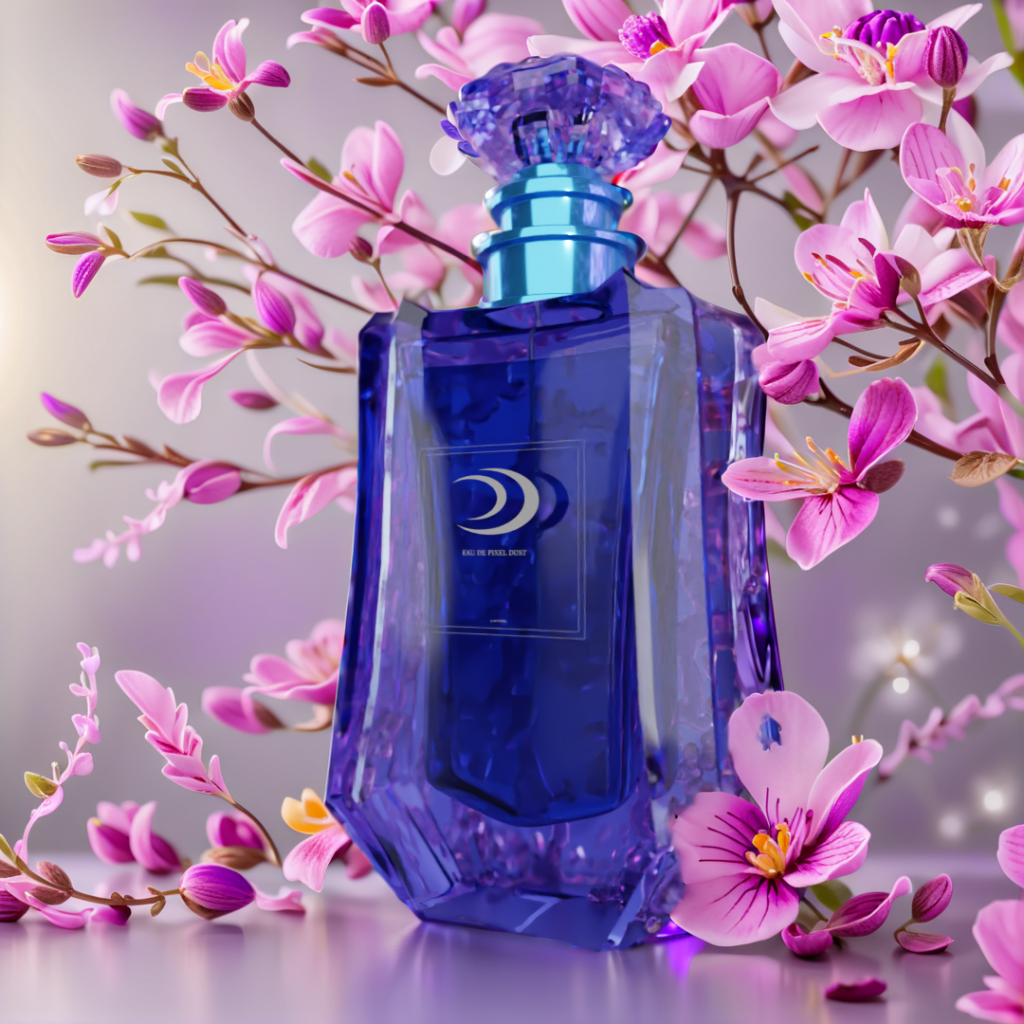 perfume bottle with flowers in the background created with Blender and Stable Diffusion