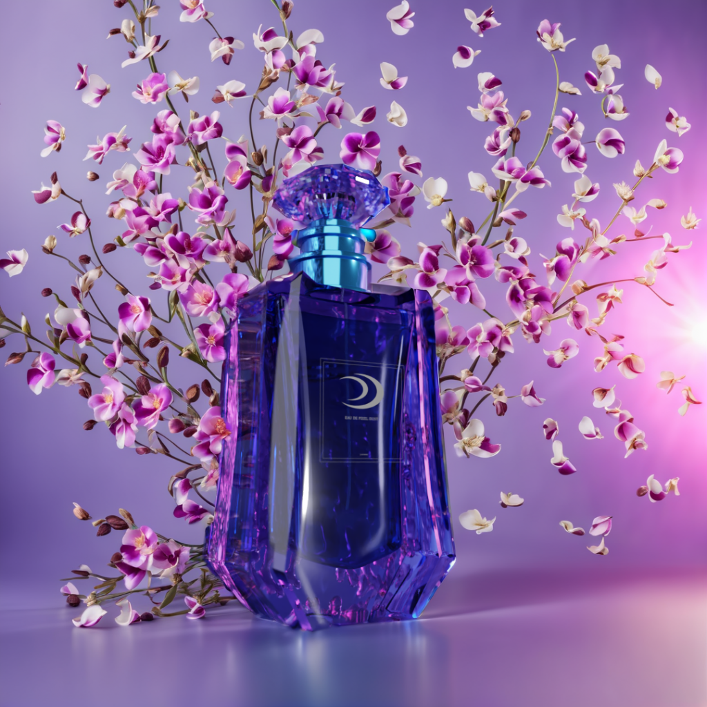 perfume bottle with flowers in the background created with Blender and Stable Diffusion